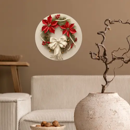 Deurkrans - Strik - Kerst - Rood - Groen Wandcirkel behangsticker klein -sfeer1