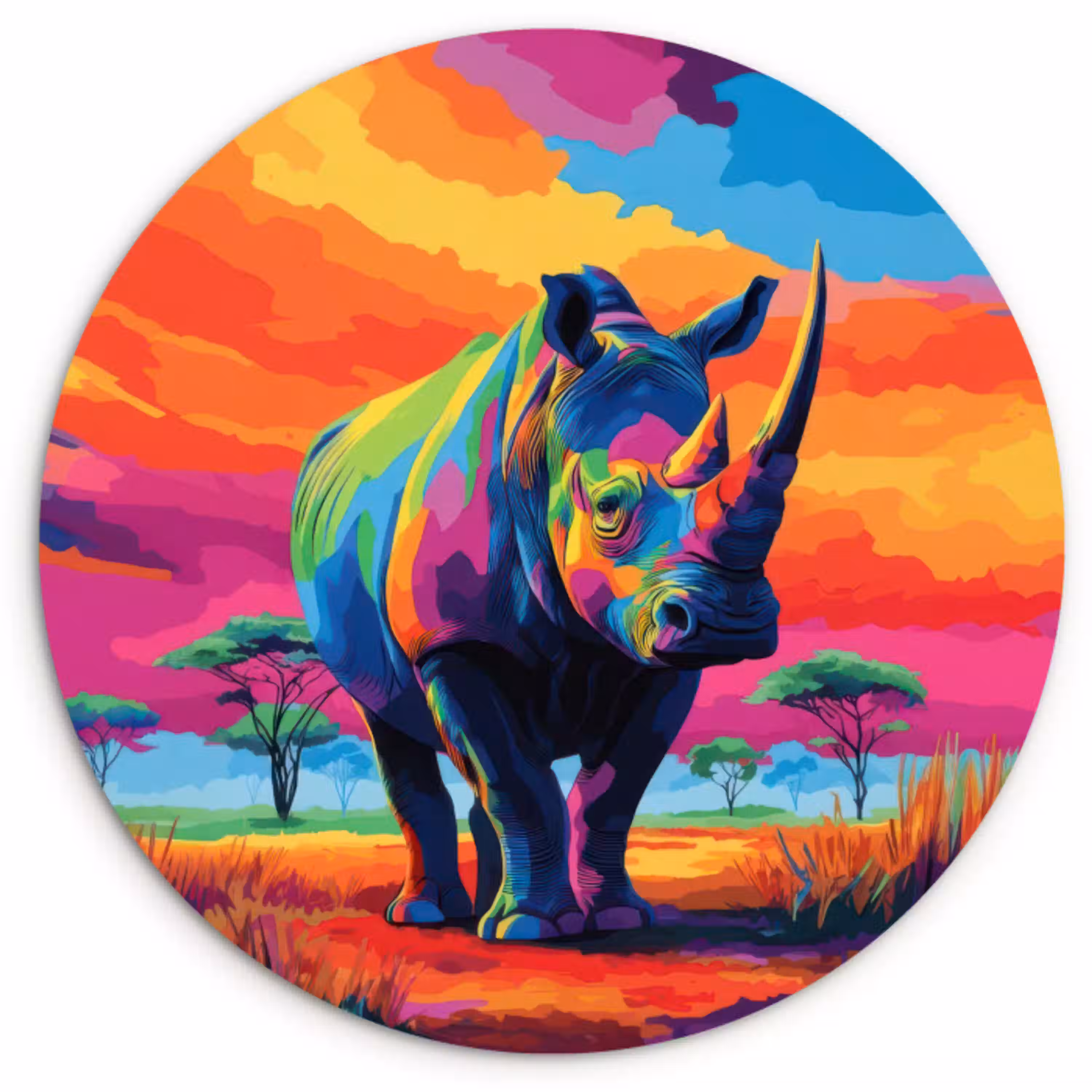 Neushoorn - Zonsondergang - Savanna - Kleurrijk Wandcirkel kunststof plaat 5mm dik klein -3d