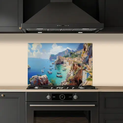 Kustdorp - Schilderij - Rotsen - Boten keuken achterwand spatscherm klein -sfeer1