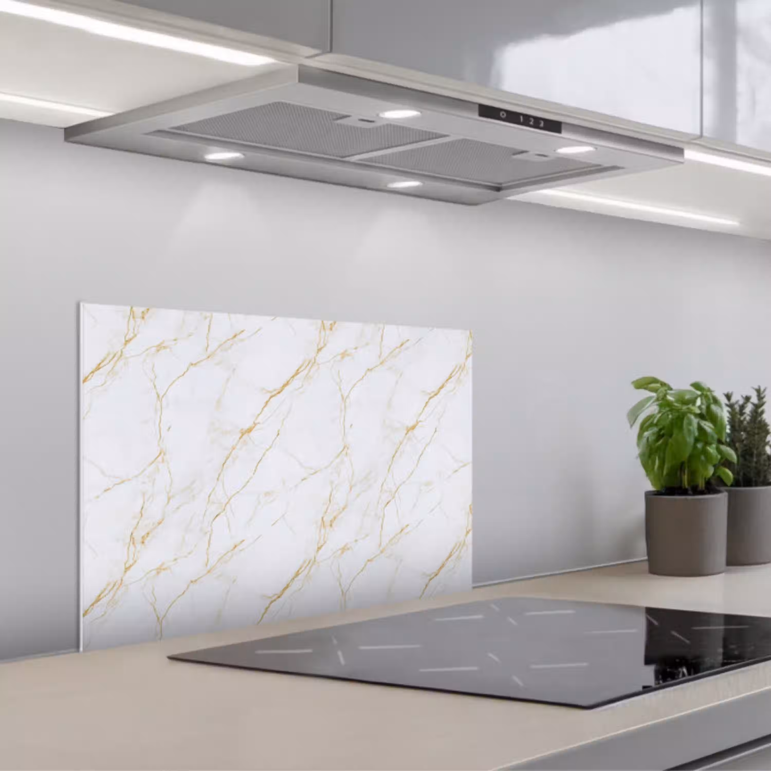 Wit - Marmer - Goud - Luxueus keuken achterwand spatscherm klein 900 -3d_schuin