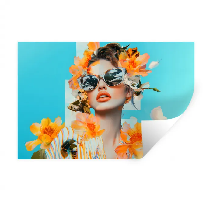 Bloemen - Vrouw - Zonnebril - Blauw Muursticker klein -3d