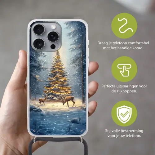 Kerstlicht - Woud - Hert - Donker Hoesje iPhone 16 Pro Max met koord klein -sfeer2_NL