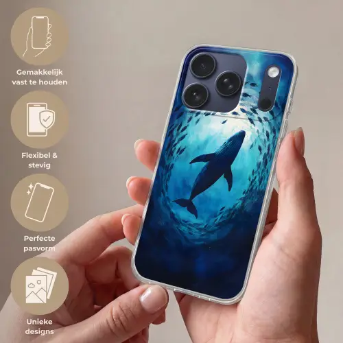 Walvis - Vissen - Donkerblauw Telefoonhoesje iPhone 17 Pro klein -sfeer3_NL