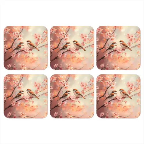 Vogels - Romantic - Bloesemtak onderzetter kurk middel -3d