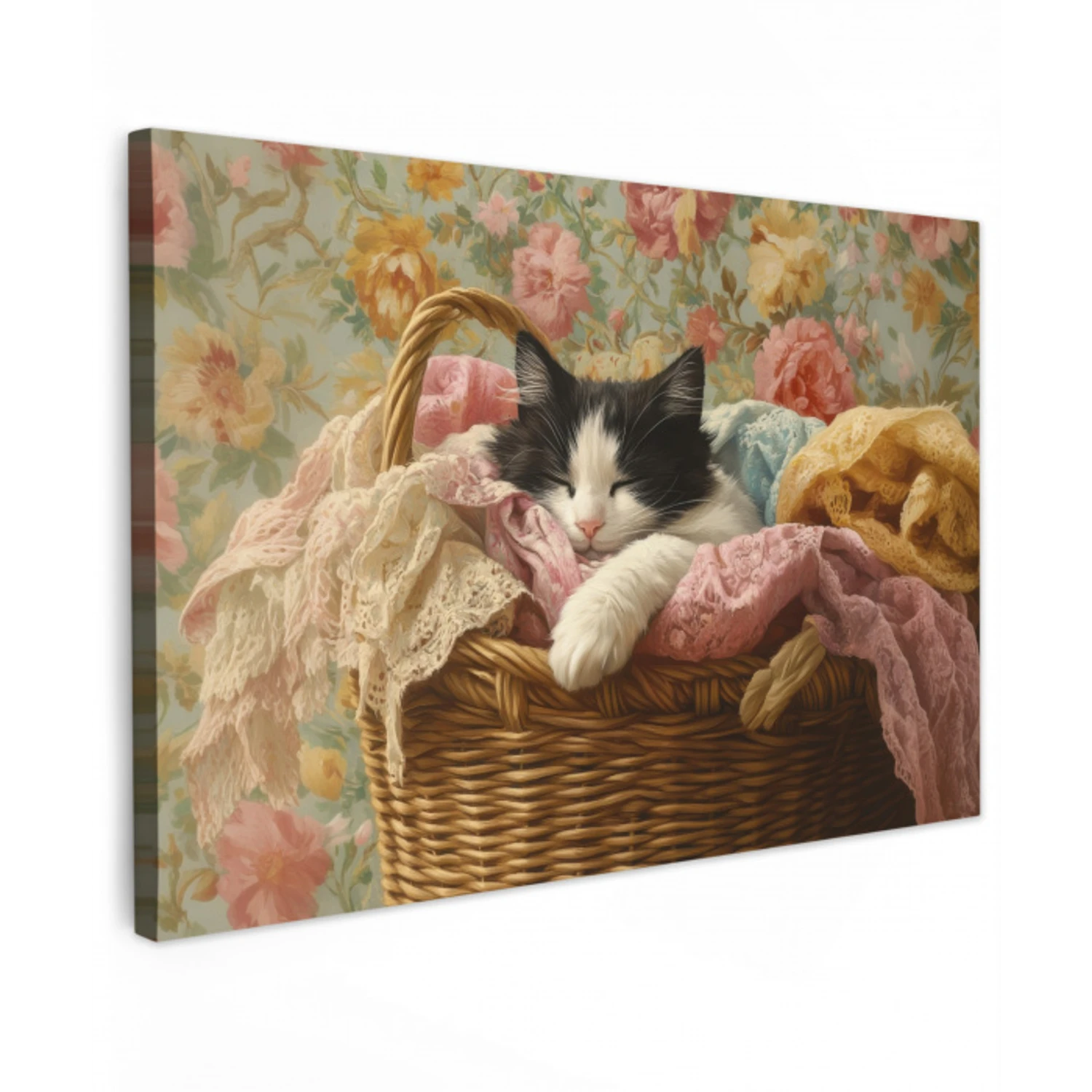 Kat - Bloemenprint - Rieten mand canvas 2cm klein -z3d