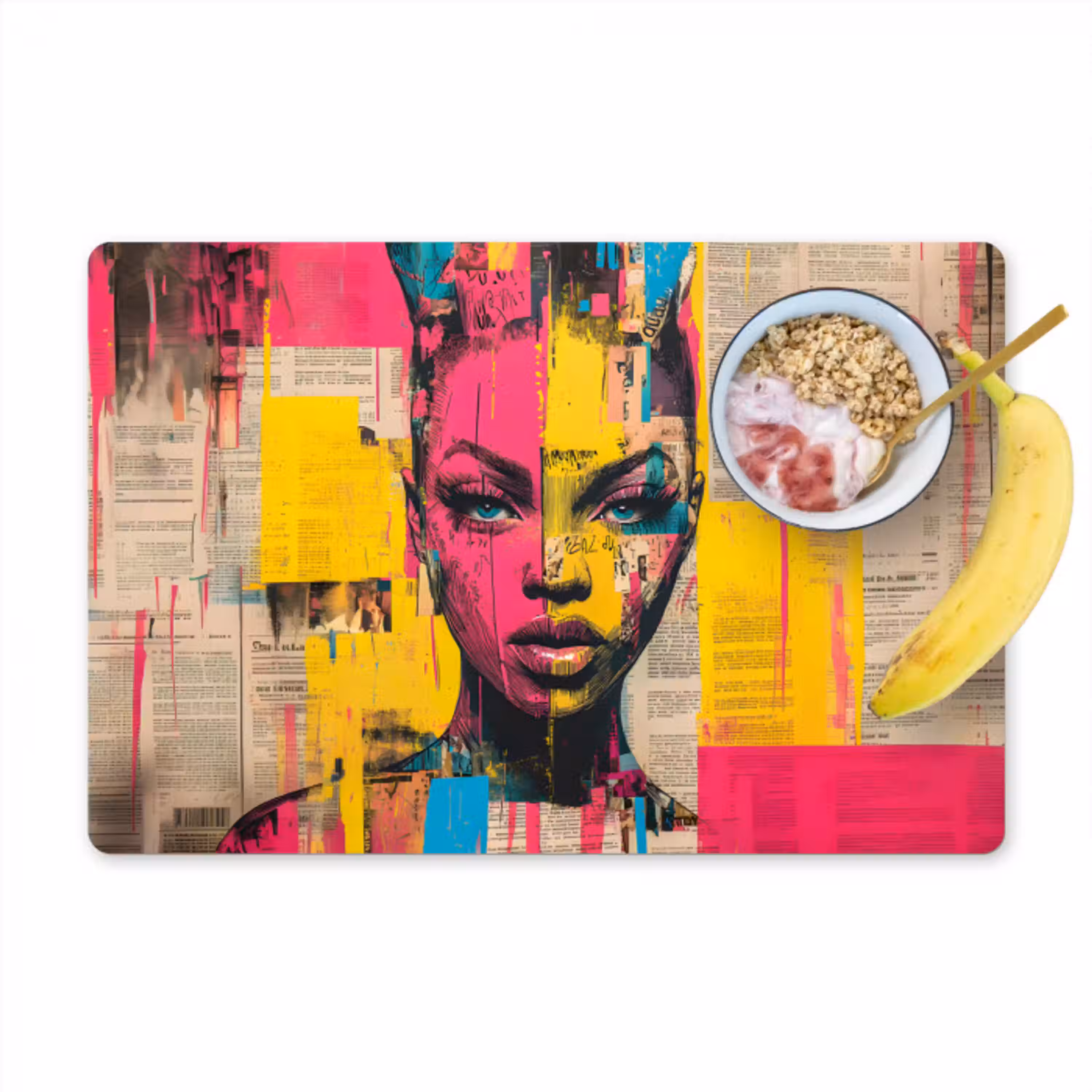 Vrouwengezicht - Krantenpapier - Abstract - Roze Placemat vinyl groot -zzzproduct_Kitchenyeah-website