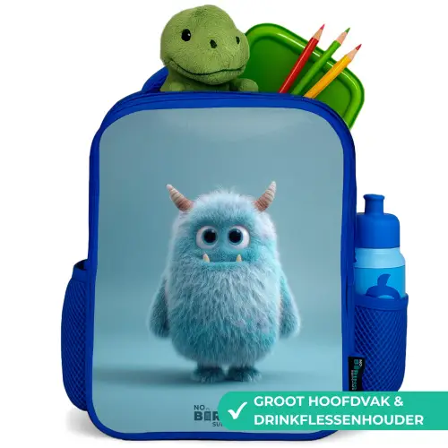 Blauw pluizig monster met hoorns Kinderrugzak - Blauw middel -inhoud_NL