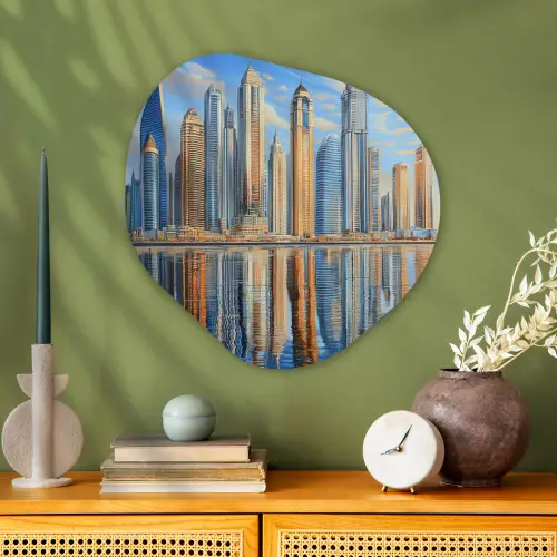 Skyline - Wolkenkrabbers - Water - Blauw Wandcirkel Organisch Plexiglas middel -sfeer2