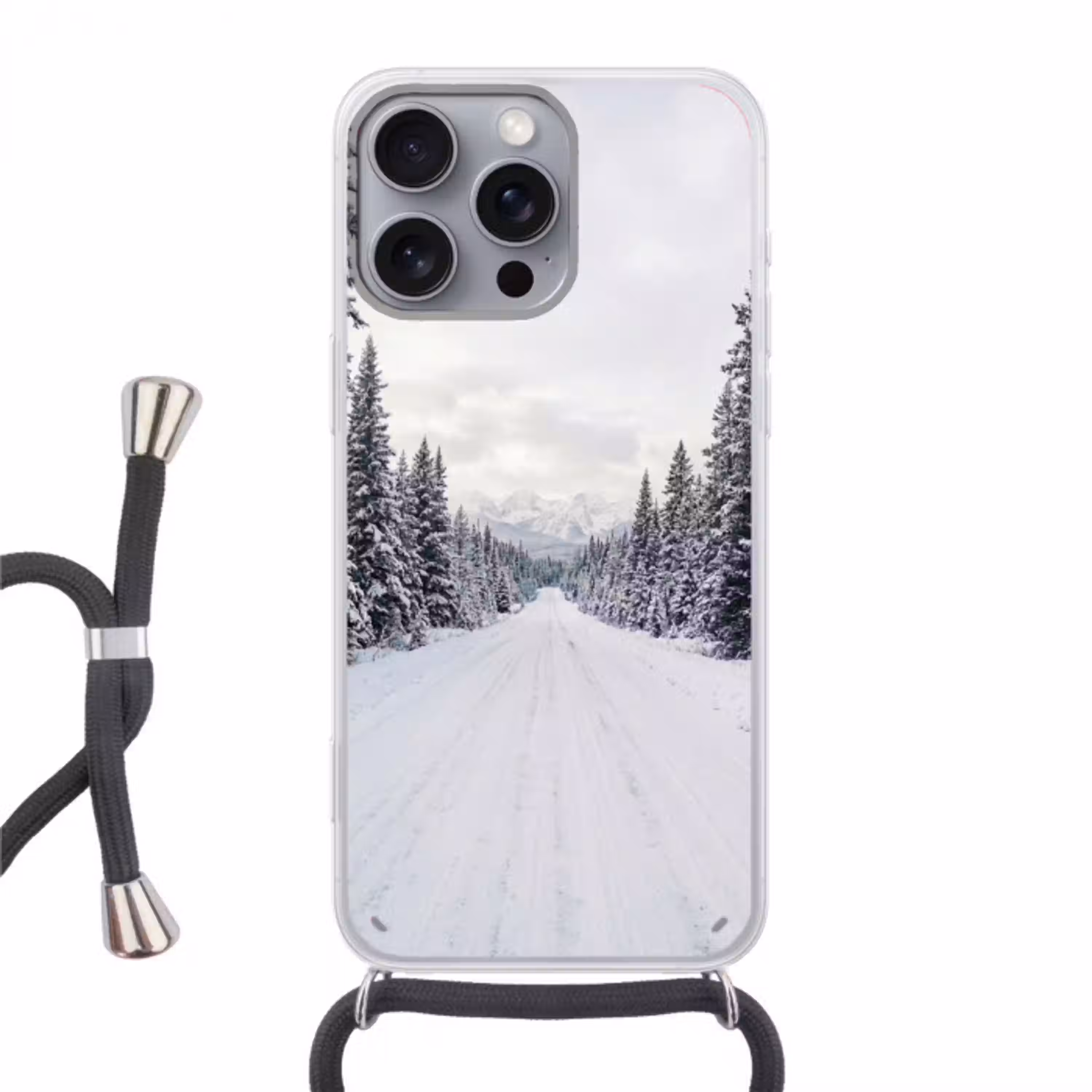 Weg - Sneeuw - Naaldbos - Winter - Avontuurlijk Hoesje iPhone 16 Pro Max met koord klein -3d