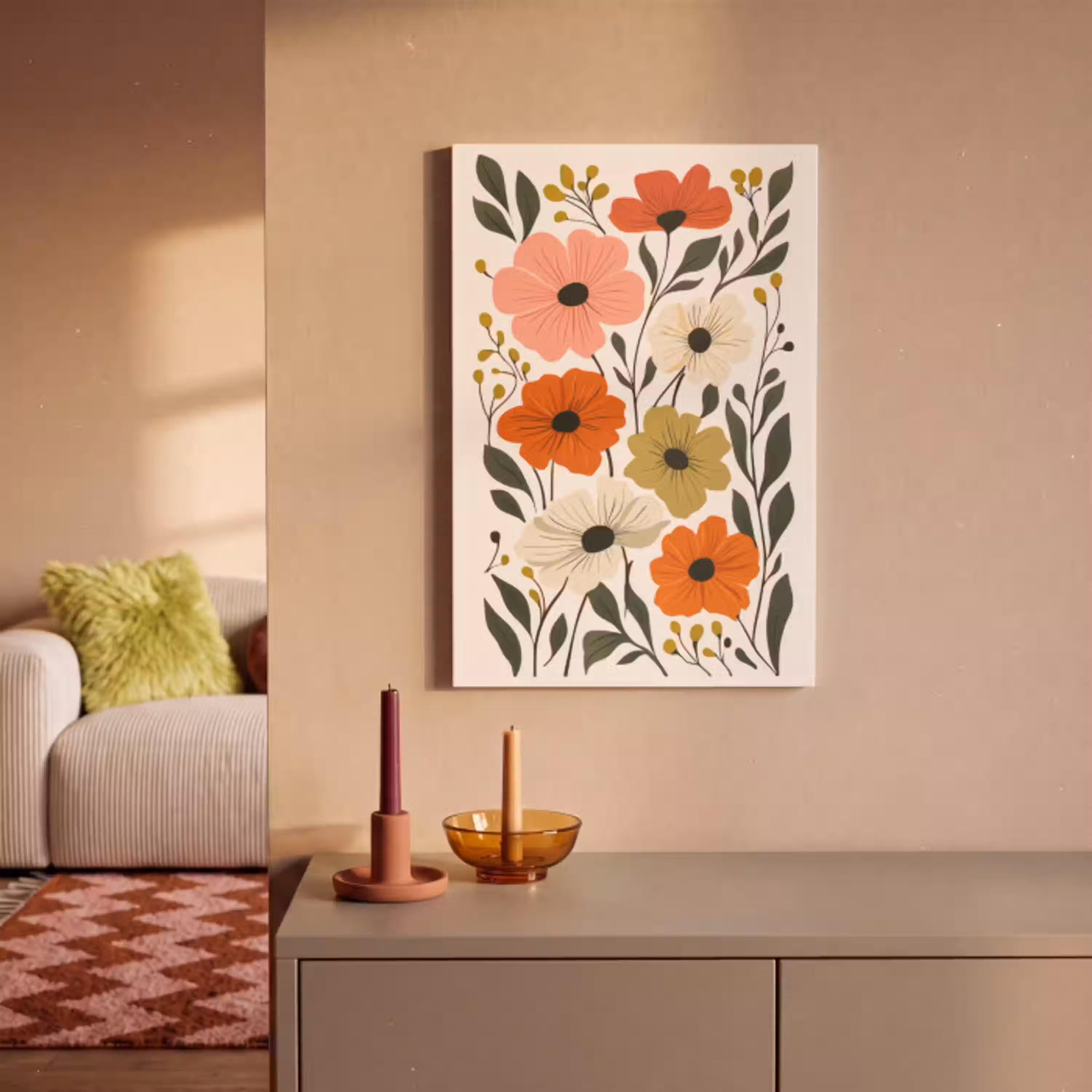 Veldbloemen - Stengels - Blaadjes - Groen canvas 2cm klein -sfeer1