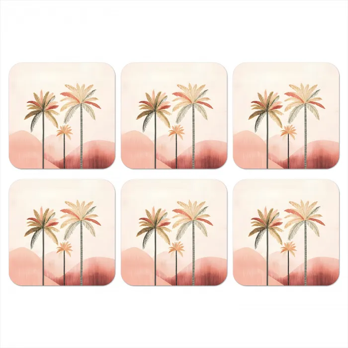 Palmbomen - Heuvels - Minimalistisch - Zachtroze onderzetter kurk middel -3d