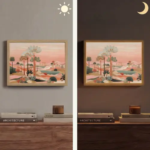 Roze landschap - Palmen - Water Light Box met batterij (Wandlamp) middel -sfeer3