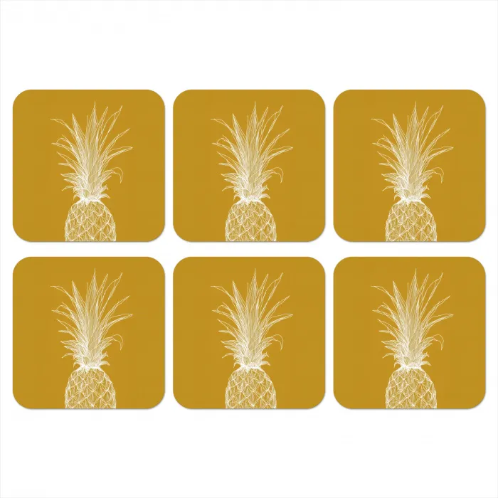 Lijnillustratie - Ananas - Bladkroon - Okergeel onderzetter kurk middel -3d