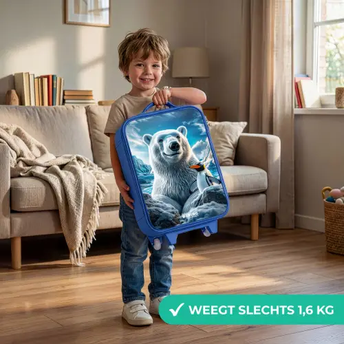 IJsbeer en pinguïn in besneeuwd berglandschap Kinderkoffer - Blauw klein -sfeer2_NL