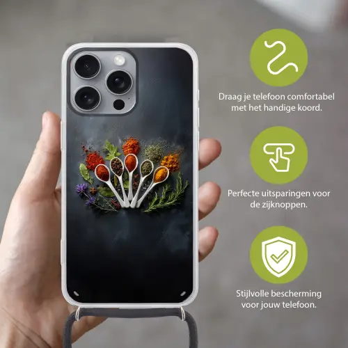 Lepels - Wit - Poeder - Kruiden Hoesje iPhone 16 Pro Max met koord klein -sfeer2_NL