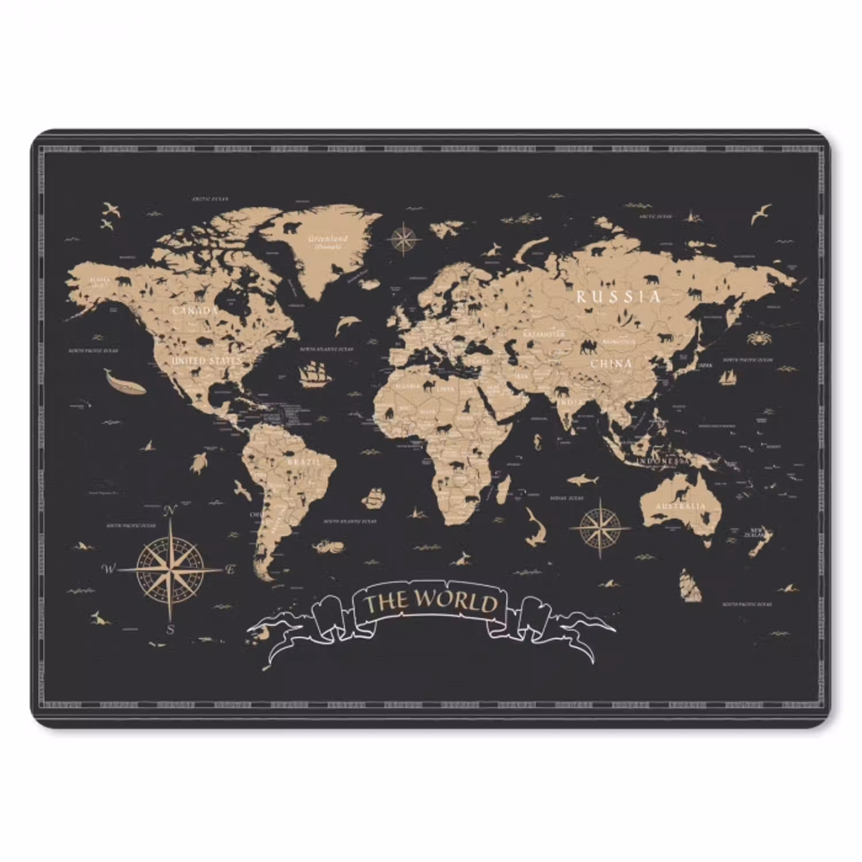 Wereldkaart - Beige - Zwart muismat rubber klein -3d