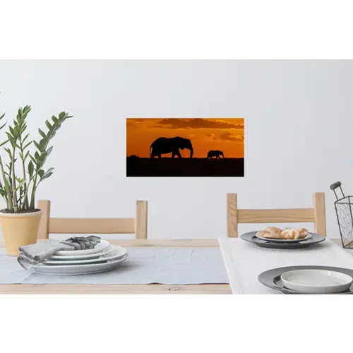 Olifanten - Savanne - Zonsondergang Muursticker klein -eettafel