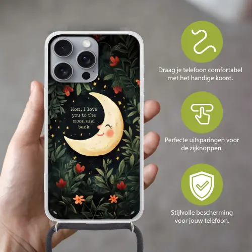 Maan - Quote - Bloemen - Sterren Hoesje iPhone 16 Pro Max met koord klein -sfeer2_NL