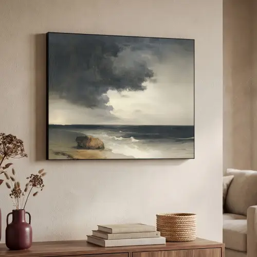 Kust - Golven - Rots - Storm Textielframe zwart klein -sfeer3