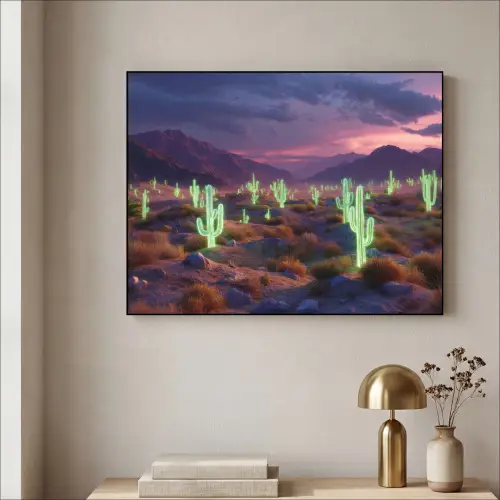 Neon cactussen - Woestijn - Zonsondergang Textielframe zwart klein -sfeer2