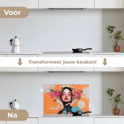 Portret - Vrouw - Abstract - Bloemen keuken achterwand spatscherm klein -voor_na_NL