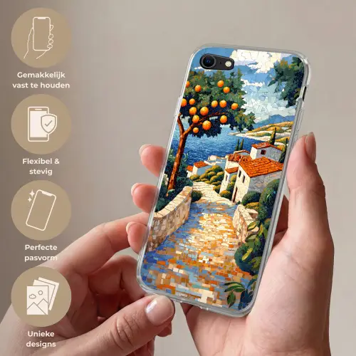 Huizen - Mozaïek - Sinaasappelbomen - Zee Telefoonhoesje iPhone 7 klein -sfeer3_NL