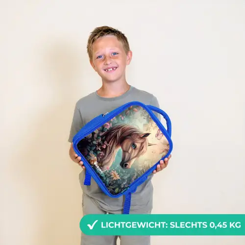 Paard met vlinders in bloementuin Kinderrugzak - Blauw middel -sfeer1_NL