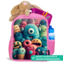 Monster Menigte Kinderrugzak - Roze middel -inhoud_NL