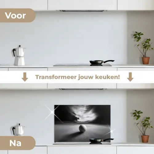 Golfbal - Wazig - Zwart keuken achterwand spatscherm klein -voor_na_NL