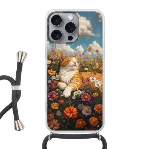 Kat - Bloemen - Ontspannen Hoesje iPhone 16 Pro Max met koord klein -3d