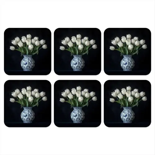 Wit - Bloemen - Tulpen - Vaas onderzetter kurk middel -3d