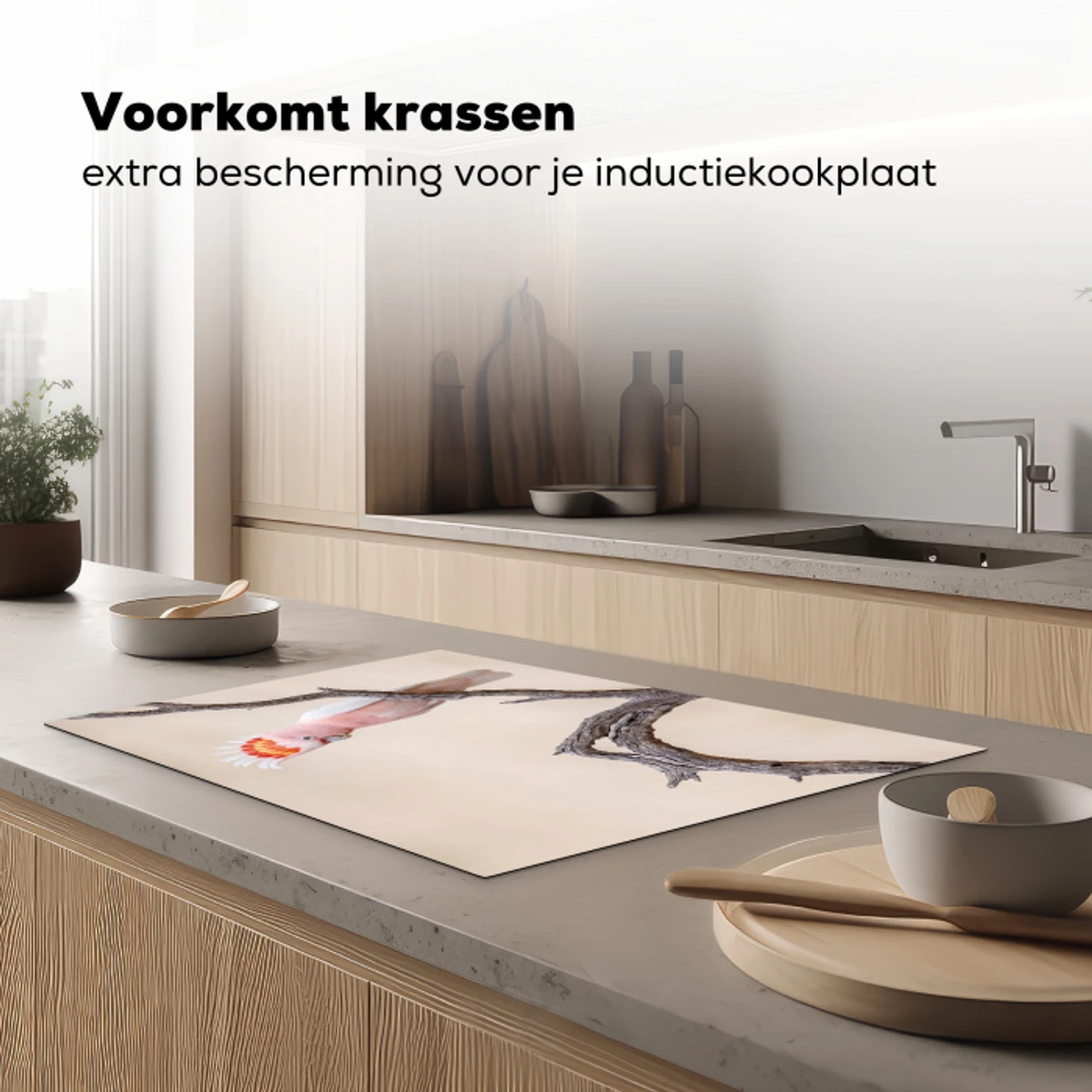 Papagaai - Tak - Roze Inductie beschermer vinyl 3mm klein -sfeer1