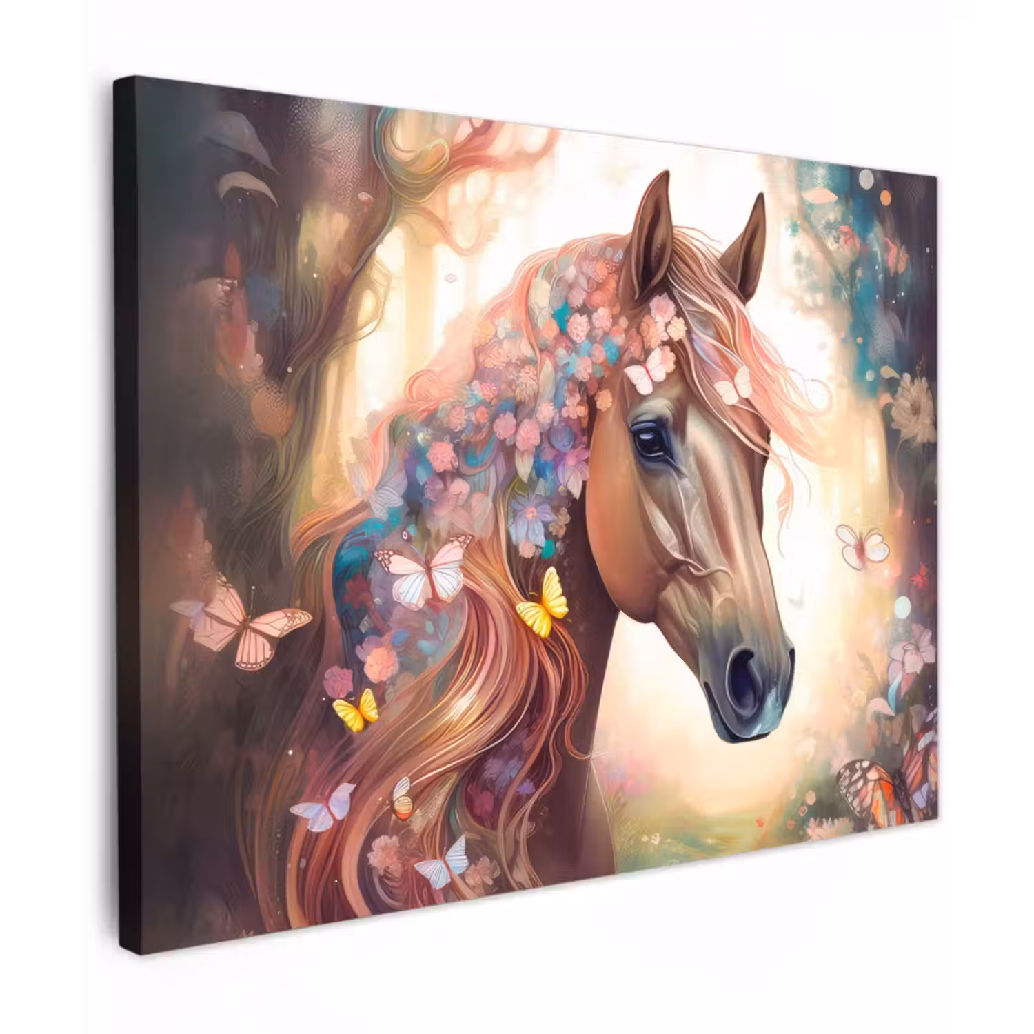 Canvas schilderij - Paard - Natuur - Bloemen - Vlinders - Bos