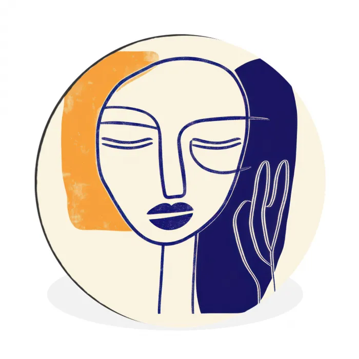 Minimalistisch - Gezicht - Hand - Oranje - Blauw Wandcirkel aluminium klein -3d