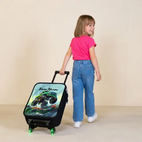 Groene Monstertruck met Penseelstreken Kinderkoffer - Zwart klein -sfeer1