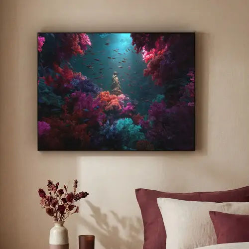Standbeeld - Zeebodem - Koraal - Kleurrijk Textielframe zwart klein -sfeer1