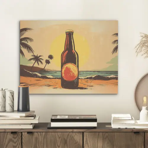 Bierfles - Zonsondergang - Palmbomen - Zee PET vilt klein -sfeer1