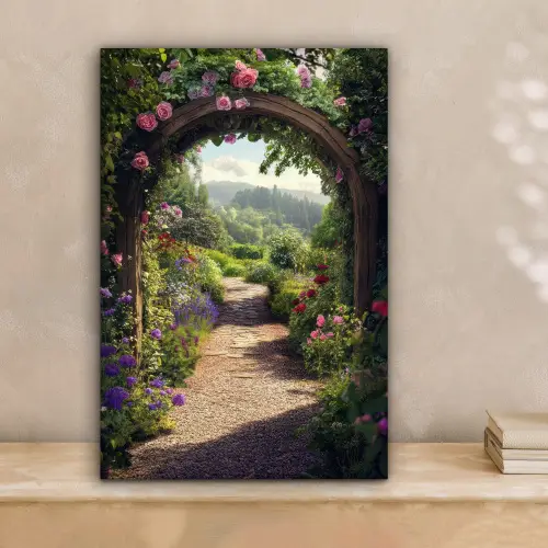 Doorkijk - Landschap - Bloemen - Rozenboog - Natuur canvas 2cm klein -sfeer1