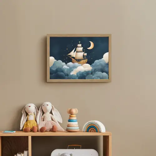 Zeilschip - Sterrenhemel - Wolken - Blauw Light Box met batterij (Wandlamp kind) middel -sfeer2_kind