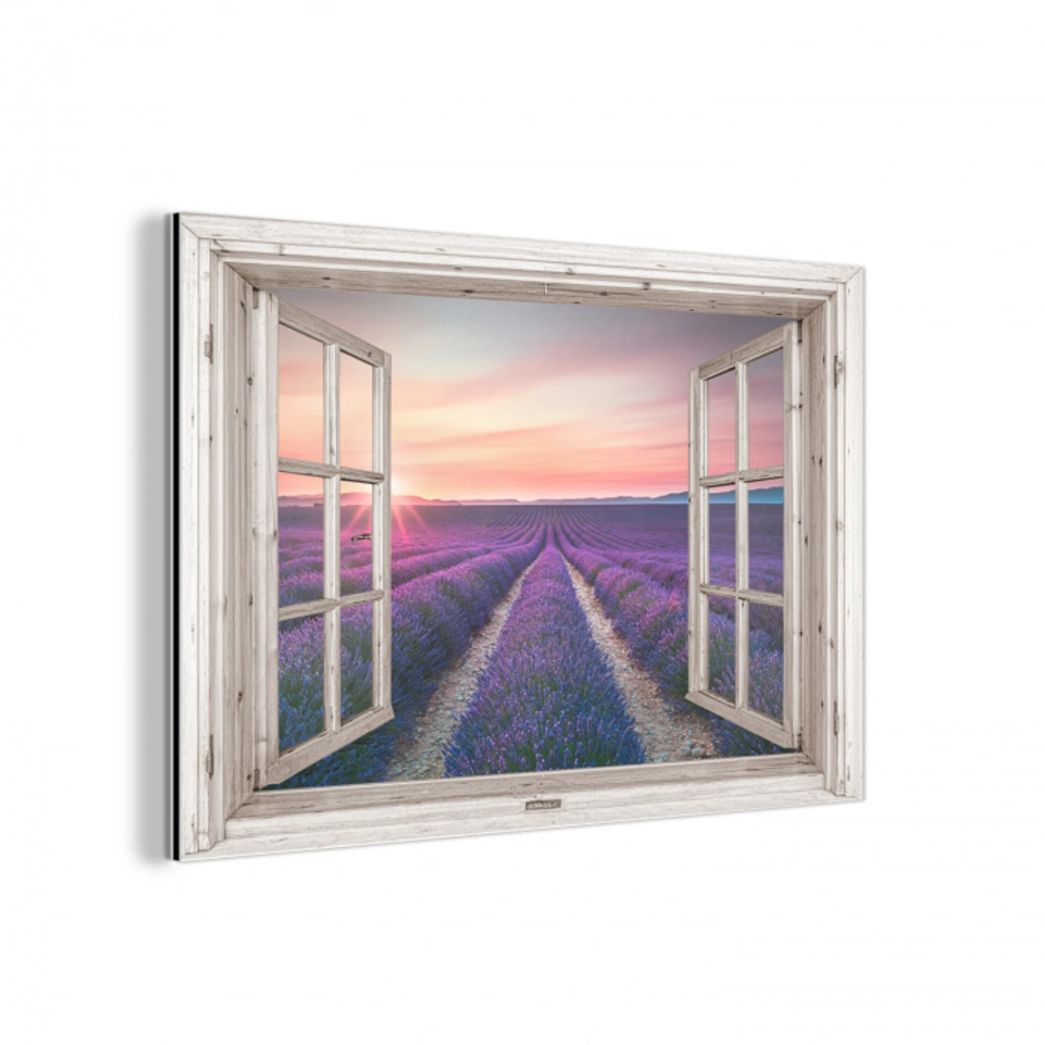 Doorkijk - Lavendel - Bloemen - Hout - Zonsondergang - Paars aluminium wit klein -3d