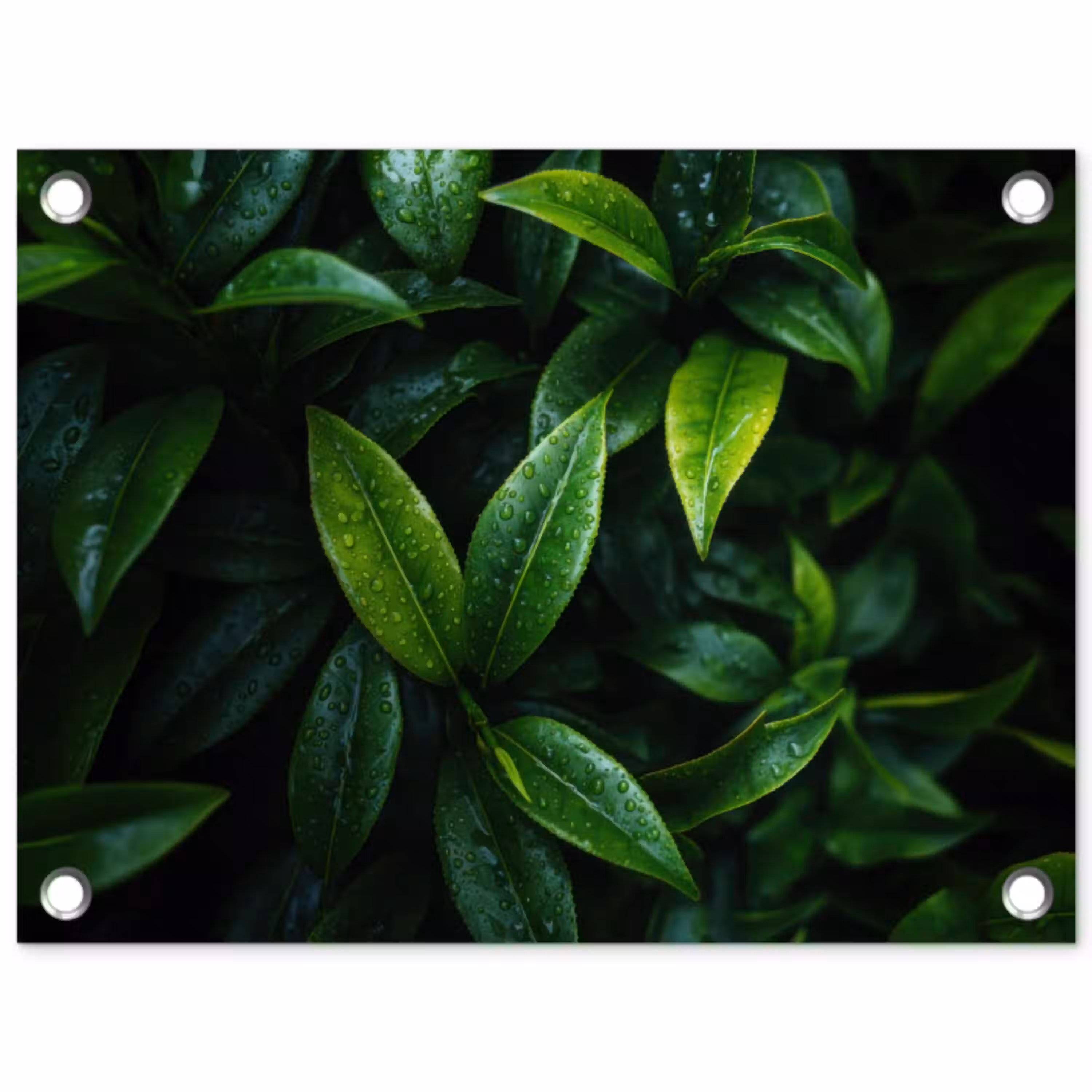 Bladeren - Regendruppels - Licht - Groen tuinposter los doek klein -3d