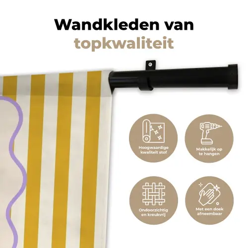 More coffee - Geel - Paars - Strepen - Mok Wandkleed katoen klein -sfeer2