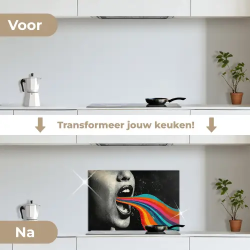 Mond - Golven - Regenboog keuken achterwand spatscherm klein -voor_na_NL