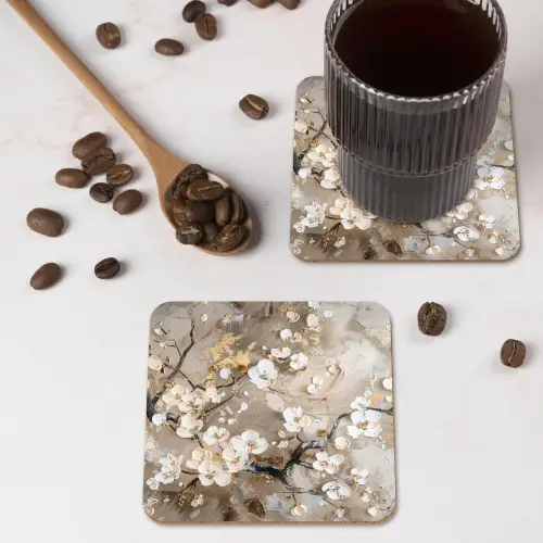 Bloemen - Wit - Goud - Beige  - Luxe onderzetter kurk middel -sfeer2