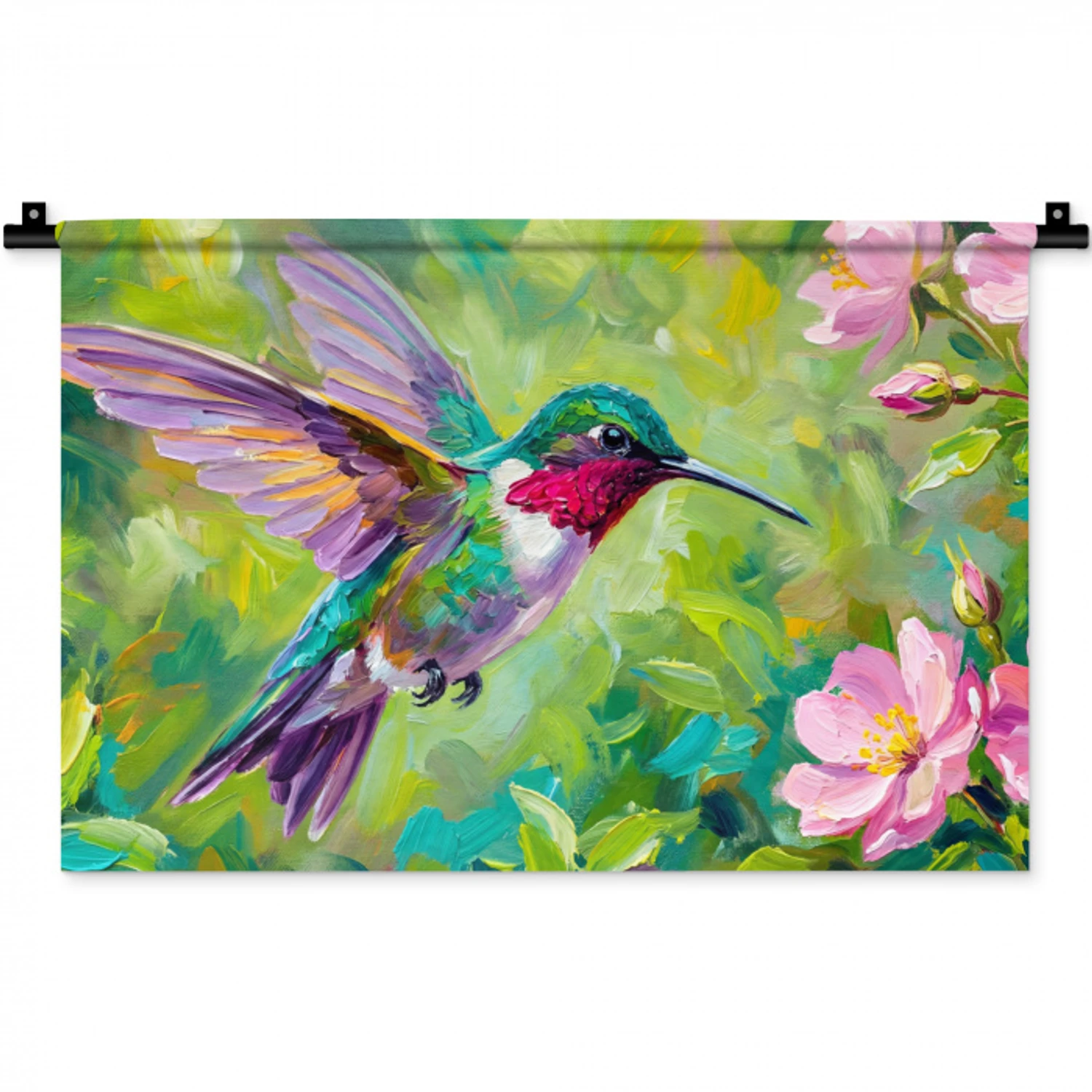 Kolibrie - Bloemen - Natuur - Kleurrijk Wandkleed katoen klein -zz3d