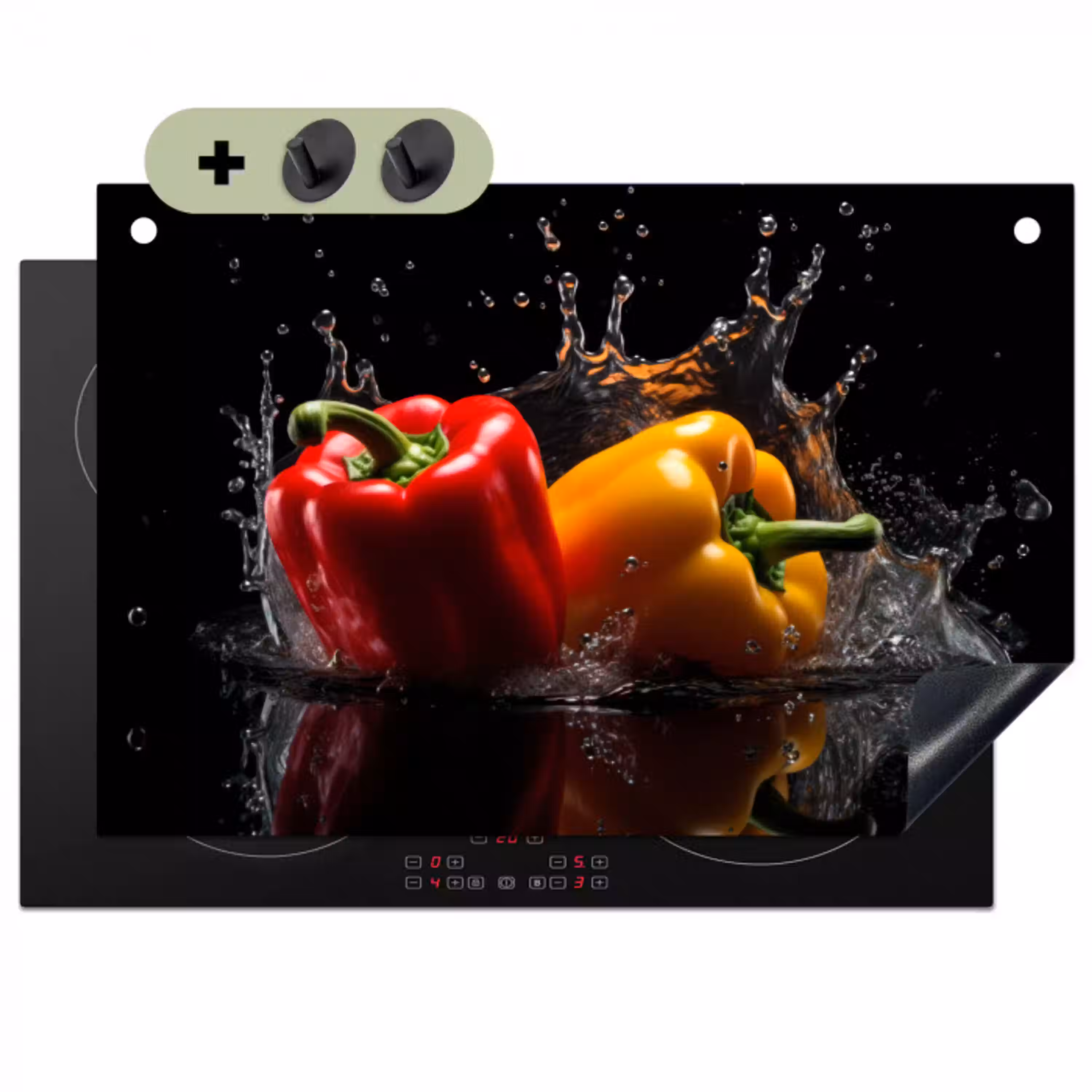 Paprika - Water - Zwart - Groente - Rood - Geel Inductie beschemer met haakjes klein -3d