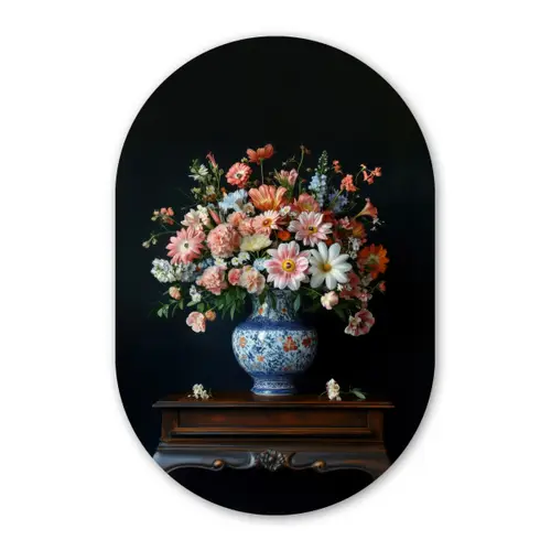 Hout - Vaas - Kleuren - Bloemen Wandcirkel Ovaal Forex klein -3d