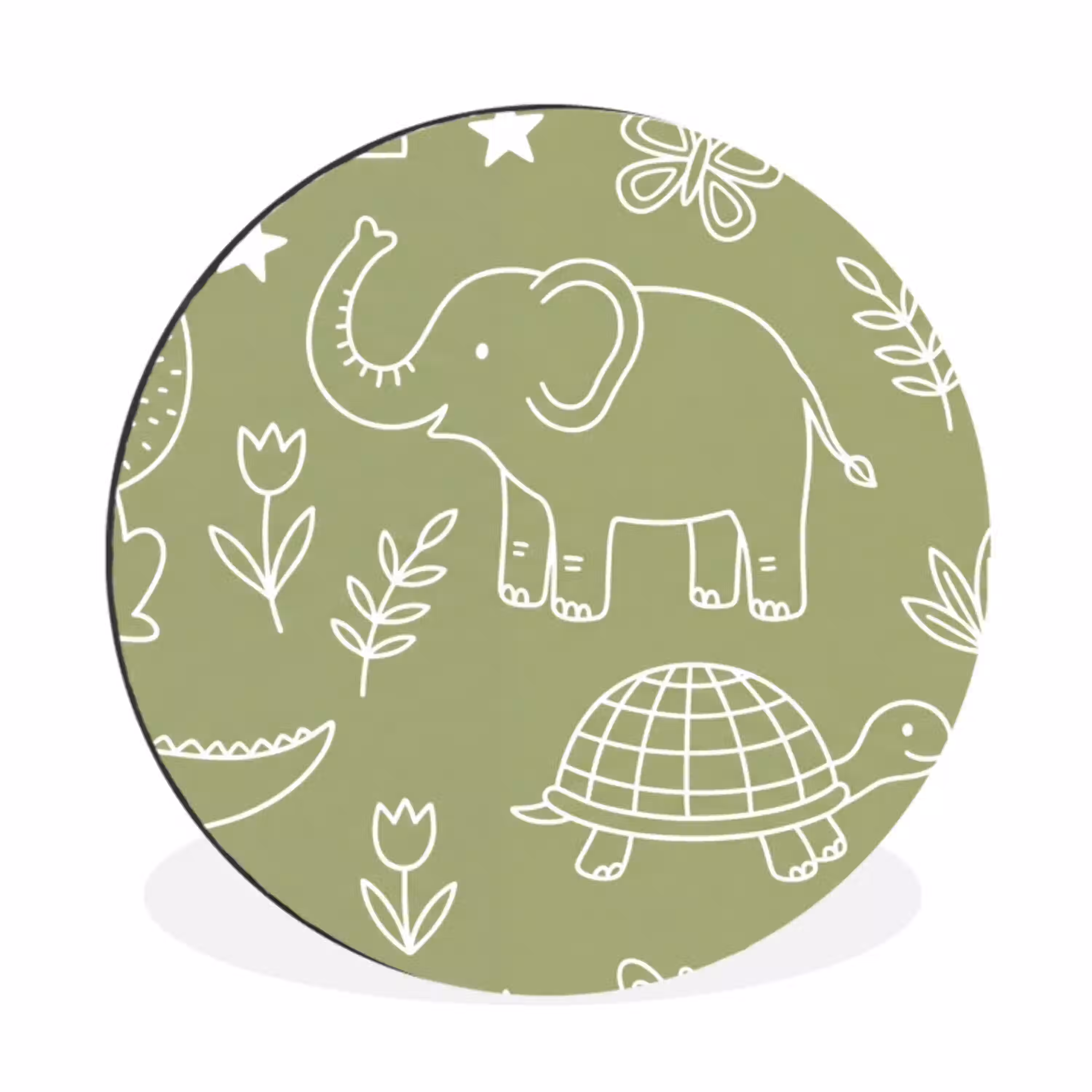 Dieren - Patroon - Illustratie - Natuur - Groen Wandcirkel aluminium klein -3d
