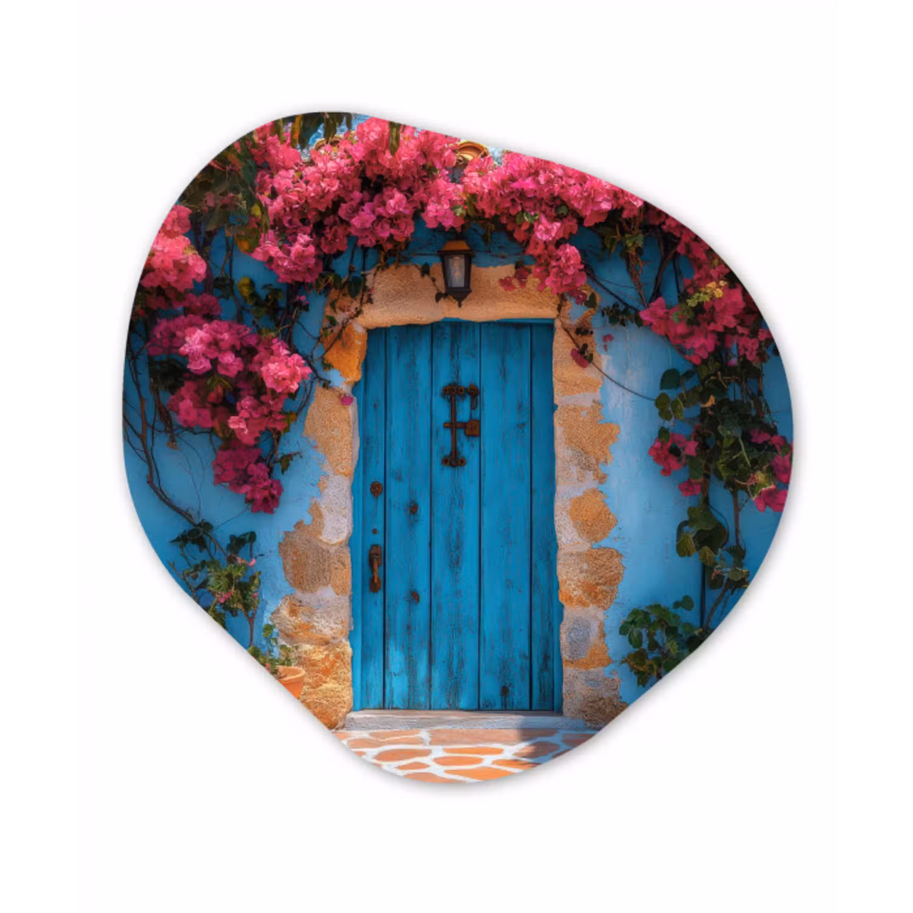 Deur - Hout - Bloemen - Blauw Wandcirkel Organisch Aluminium middel -3d