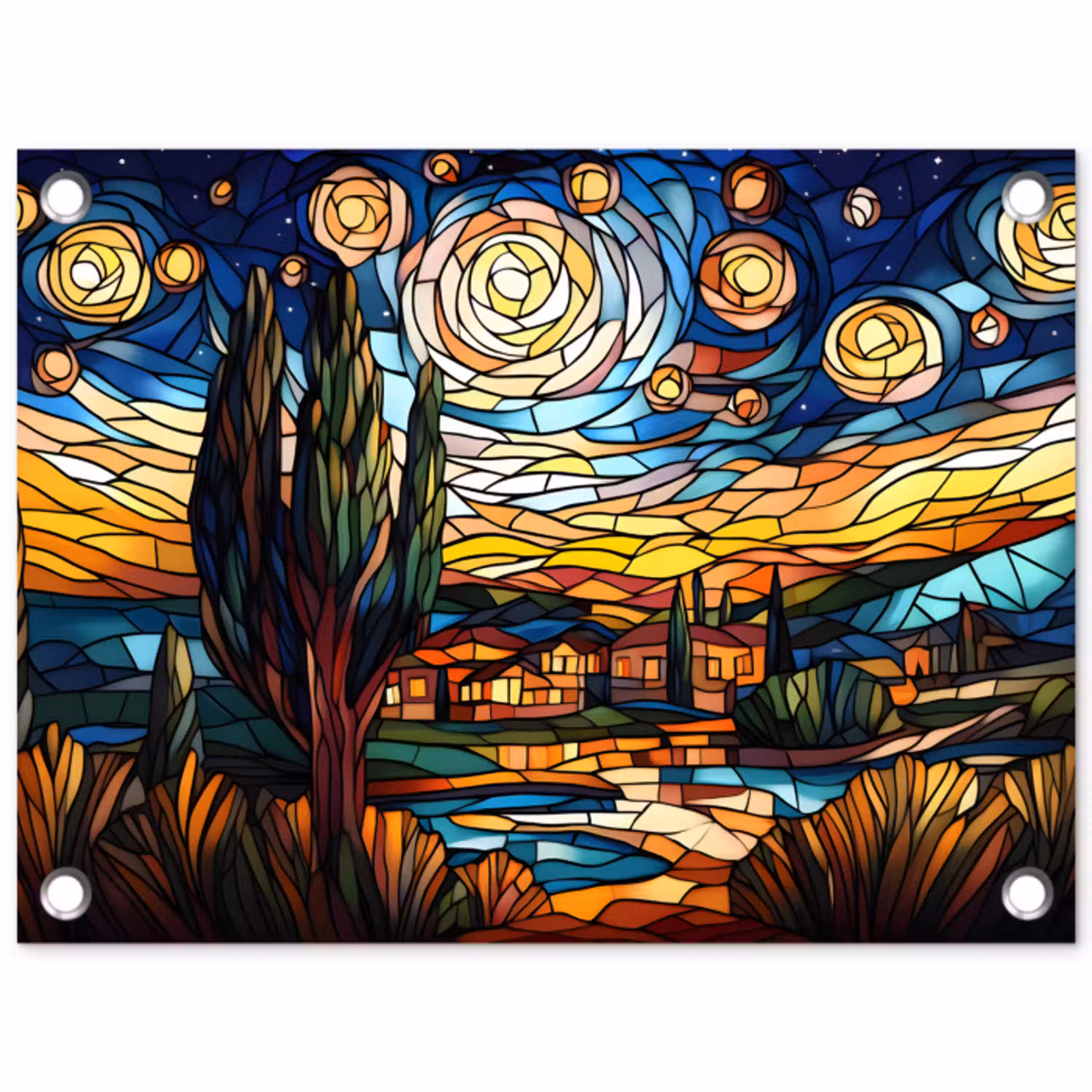 Hemel - Sterren - Mozaïek - Huizen tuinposter los doek klein -3d